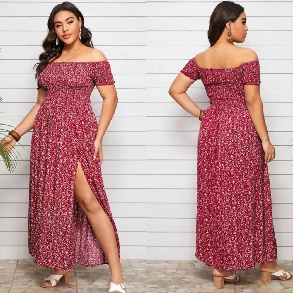 Off Shoulder Red Floral Smocked Dress Two Front Slits Short Sleeves - Picture 2 of 5